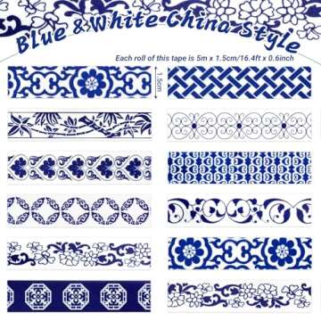 Bolsome 12 Rolls Chinoiserie Design Washi Tape Blue White Patterned Washi Tape Vintage Oriental Styl...