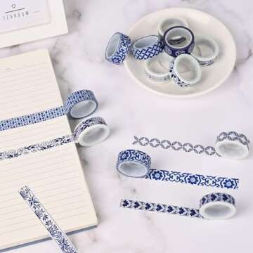 Bolsome 12 Rolls Chinoiserie Design Washi Tape Blue White Patterned Washi Tape Vintage Oriental Style Decorative Gift Wrapping Paper Tape for Scrapbooking Journals Craft Supplies