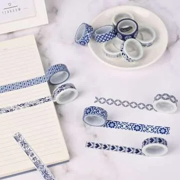 Bolsome 12 Rolls Chinoiserie Design Washi Tape Blue White Patterned Washi Tape Vintage Oriental Style Decorative Gift Wrapping Paper Tape for Scrapbooking Journals Craft Supplies