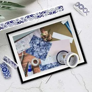 Bolsome 12 Rolls Chinoiserie Design Washi Tape Blue White Patterned Washi Tape Vintage Oriental Style Decorative Gift Wrapping Paper Tape for Scrapbooking Journals Craft Supplies
