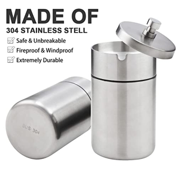 Stainless Steel Auto Ashtrays with Lid Car Ashtray Smell Proof Portable Smokeless Detachable Windproof Extinguished Butt Bucket Ash Tray for Car Cup Holder (Silver)
