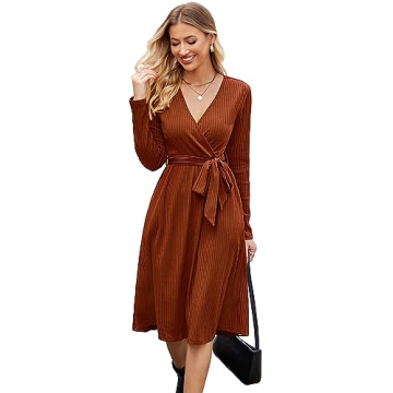 Newshows Womens 2024 Fall Sweater Dress Long Sleeve Business Casual Outfits V Neck Ribbed Knit Belt ...