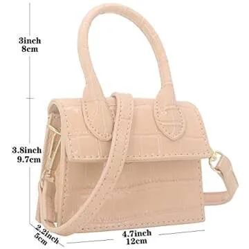 Nodeber Mini Crossbody Bag for Women Girls Synthetic Leather Flap Purse Styling Top-Handle Clutch Handbag Croco Nude