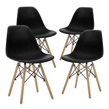 CangLong Modern Mid-Century Shell Lounge Plastic Natural Wooden Legs for Kitchen, Dining, Bedroom, Living Room Side Chairs, Set of 4, Black