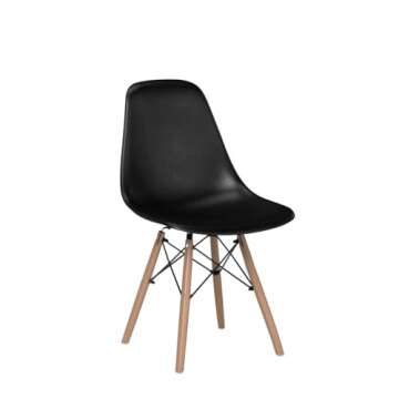 CangLong Modern Mid-Century Shell Lounge Plastic Natural Wooden Legs for Kitchen, Dining, Bedroom, Living Room Side Chairs, Set of 4, Black