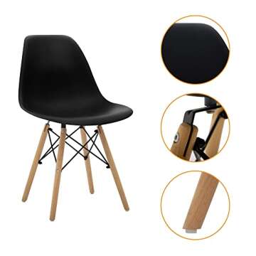 CangLong Modern Mid-Century Shell Lounge Plastic Natural Wooden Legs for Kitchen, Dining, Bedroom, Living Room Side Chairs, Set of 4, Black