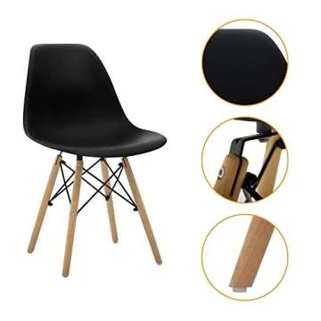 CangLong Modern Mid-Century Shell Lounge Plastic Natural Wooden Legs for Kitchen, Dining, Bedroom, Living Room Side Chairs, Set of 4, Black