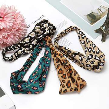 Folora 4pcs Leopard Print Twisted Criss Cross Elastic Headbands Soft Chiffon Hair Bands for Women Girls