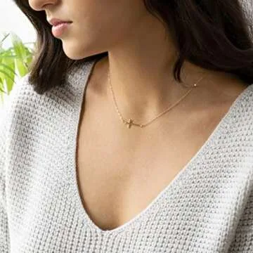 VIROMY Dainty Gold Sideways Cross Necklace for Women 14K Gold Plated Simple Cross Bar Pendant Necklaces Minimalist Faith Jewelry for Women