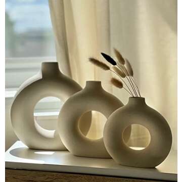 RyddeligHome White Vases for Decor Set of 3 - Boho Vases for Pampas Grass, Decor Vases, Ceramic Vases for Home Decor, Vases for Flowers, Table Centerpieces for Dining Room, Bulk Vases, Donut Vases