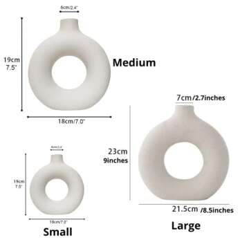 RyddeligHome White Vases for Decor Set of 3 - Boho Vases for Pampas Grass, Decor Vases, Ceramic Vases for Home Decor, Vases for Flowers, Table Centerpieces for Dining Room, Bulk Vases, Donut Vases