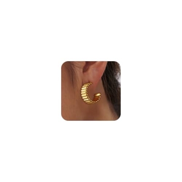 Chunky Gold Hoop Earrings for Women 14K Gold Plated Open Hoops Lightweight Huggie Earrings Trendy Go...