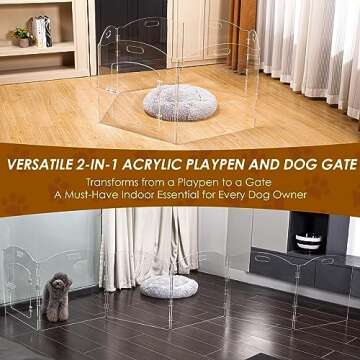 Dog Playpen OR Extra Wide 144" House Dog Gates 2-in-1 – Foldable 6 Panel Acrylic Indoor Fence, Clear Pet Gate with Door, 24" Tall Freestanding Play Pen for Puppy Small to Medium Dogs
