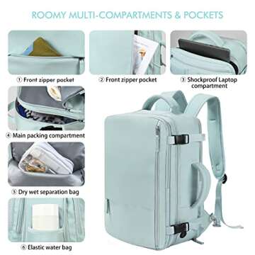 Beraliy Large Travel Backpack for Women Airline Approved, Carry On Backpack,17.3 Inch Laptop Backpack, Personal Item Bag Casual Daypack Backpacks,Mint Green