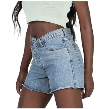 Genleck Women's Juniors Criss Crossover Jean Shorts High Waisted Stretchy Denim Shorts Casual Summer Hot Shorts(Light Blue, X-Large)