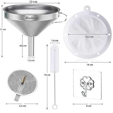 vorpower KALAVE Premium Stainless Steel Funnel, 5 Inch Food Grade Kitchen Funnels with 200 Mesh Food Filter Strainer, Metal Funnel for Filling Bottles, Food Funnel for Oils, Juice, Wine, Coffee, Milk