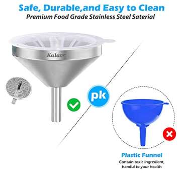 vorpower KALAVE Premium Stainless Steel Funnel, 5 Inch Food Grade Kitchen Funnels with 200 Mesh Food Filter Strainer, Metal Funnel for Filling Bottles, Food Funnel for Oils, Juice, Wine, Coffee, Milk