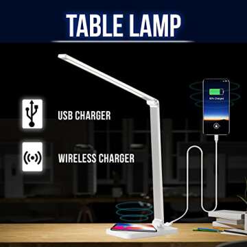 WBM SMART LED Table Lamp, Foldable Desk Lamp with Wireless Charger & USB Port, 3-Brightness Levels, for Home & Office