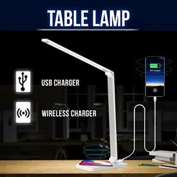 WBM SMART LED Table Lamp, Foldable Desk Lamp with Wireless Charger & USB Port, 3-Brightness Levels, for Home & Office