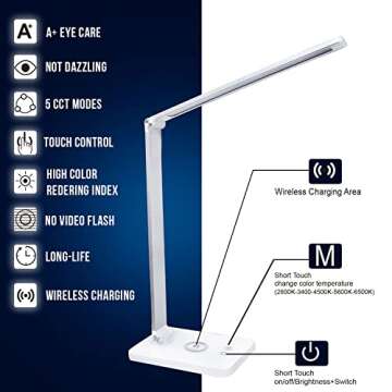 WBM SMART LED Table Lamp, Foldable Desk Lamp with Wireless Charger & USB Port, 3-Brightness Levels, for Home & Office