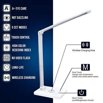 WBM SMART LED Table Lamp, Foldable Desk Lamp with Wireless Charger & USB Port, 3-Brightness Levels, for Home & Office