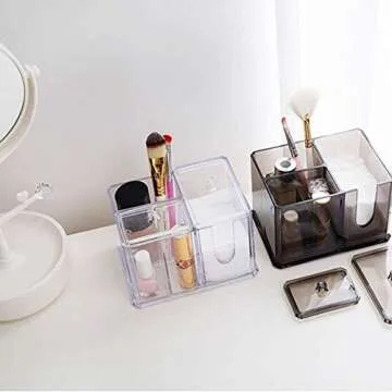 SUNFICON Swab Balls Holder Cotton Pads Holder Organizer Q-tip Dispenser Qtip Storage Canister Cosmetic Pads Container Flossers Box Case with 4-Grid and 2 Lids Design,Acrylic Crystal Clear