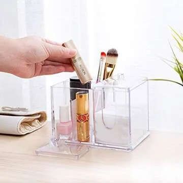 SUNFICON Swab Balls Holder Cotton Pads Holder Organizer Q-tip Dispenser Qtip Storage Canister Cosmetic Pads Container Flossers Box Case with 4-Grid and 2 Lids Design,Acrylic Crystal Clear