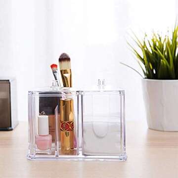 SUNFICON Swab Balls Holder Cotton Pads Holder Organizer Q-tip Dispenser Qtip Storage Canister Cosmetic Pads Container Flossers Box Case with 4-Grid and 2 Lids Design,Acrylic Crystal Clear