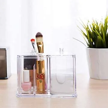 SUNFICON Swab Balls Holder Cotton Pads Holder Organizer Q-tip Dispenser Qtip Storage Canister Cosmetic Pads Container Flossers Box Case with 4-Grid and 2 Lids Design,Acrylic Crystal Clear