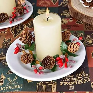 DearHouse 6pcs Christmas Candle Holders with Berry Pinecone Candle Ring, Decorative Glass Tealight Candle Holder for Home, Wedding, Living Room and Bedroom Decor