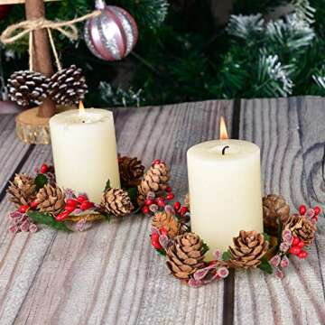 DearHouse 6pcs Christmas Candle Holders with Berry Pinecone Candle Ring, Decorative Glass Tealight Candle Holder for Home, Wedding, Living Room and Bedroom Decor