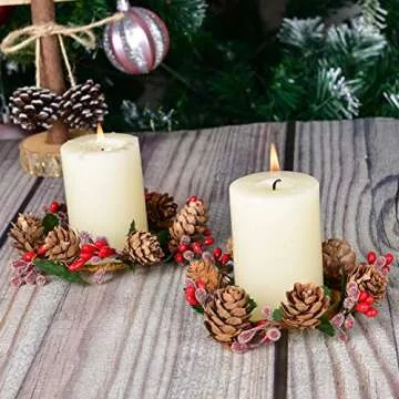 DearHouse 6pcs Christmas Candle Holders with Berry Pinecone Candle Ring, Decorative Glass Tealight Candle Holder for Home, Wedding, Living Room and Bedroom Decor