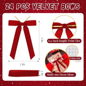 Premium Red Velvet Christmas Bow Set - 24 Pcs for Holiday Decor