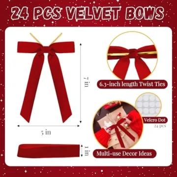Premium Red Velvet Christmas Bow Set - 24 Pcs for Holiday Decor