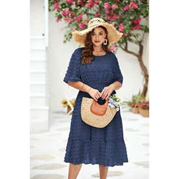 IN'VOLAND Stylish Plus Size Women's Midi Dress - Swiss Dot Charm in Navy Blue