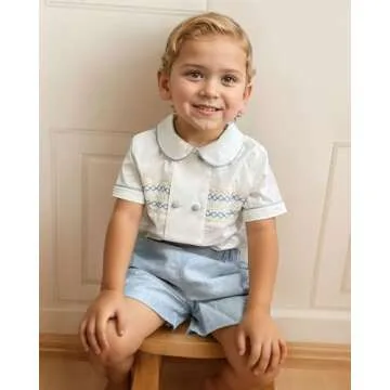 Twoflower Smocked Toddler Boy Outfits Summer Cotton Short Sleeve 2-Piece Set