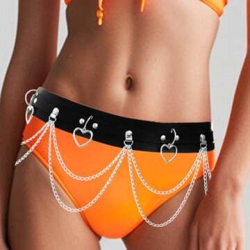Bodiy Punk Waist Chain Belts Leather Gothic Layered Heart Love Rave Belly Body Chains Jewelry for Women Sexy (Black-1)