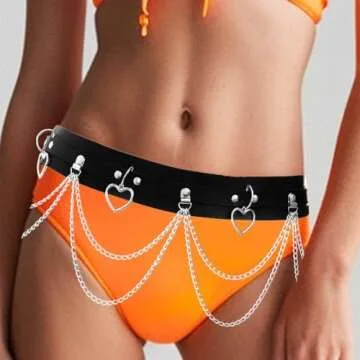 Bodiy Punk Waist Chain Belts Leather Gothic Layered Heart Love Rave Belly Body Chains Jewelry for Women Sexy (Black-1)