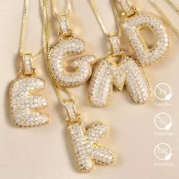 KELMALL Gold Initial Pendant Necklace for Women, Chunky Bubble Balloon Diamond Letter Necklace Personalised Gift