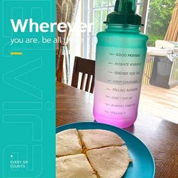 Elvira Large 1 Gallon/128 oz Motivational Time Marker Water Bottle with Straw & Protective Silicone Boot, BPA Free Anti-slip Leakproof for Fitness, Gym and Outdoor Sports-Green/Purple Gradient