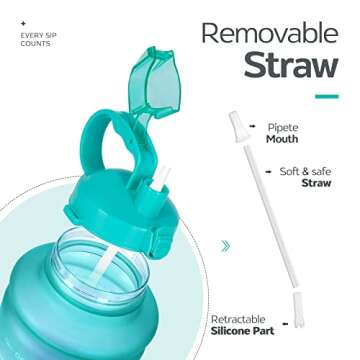 Elvira Large 1 Gallon/128 oz Motivational Time Marker Water Bottle with Straw & Protective Silicone Boot, BPA Free Anti-slip Leakproof for Fitness, Gym and Outdoor Sports-Green/Purple Gradient