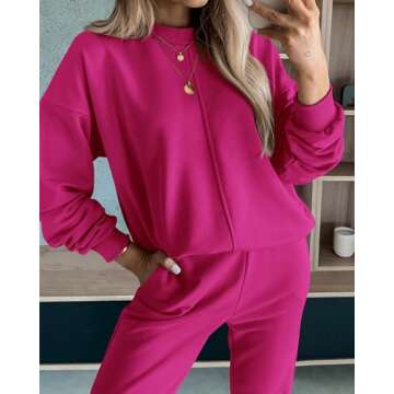 BTFBM Women's Two Piece Lounge Sets Fall Winter Sweatsuits Long Sleeve Sweatshirt Pants Jogger Tracksuit Outfits Pockets(Solid Rose Red, XX-Large)