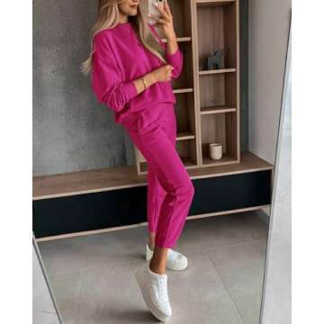 BTFBM Women's Two Piece Lounge Sets Fall Winter Sweatsuits Long Sleeve Sweatshirt Pants Jogger Tracksuit Outfits Pockets(Solid Rose Red, XX-Large)
