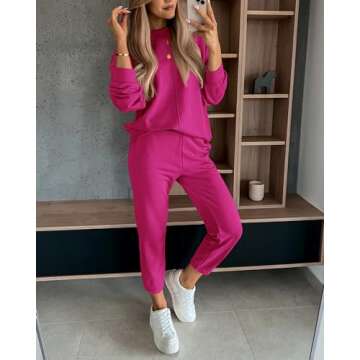 BTFBM Women's Two Piece Lounge Sets Fall Winter Sweatsuits Long Sleeve Sweatshirt Pants Jogger Tracksuit Outfits Pockets(Solid Rose Red, XX-Large)