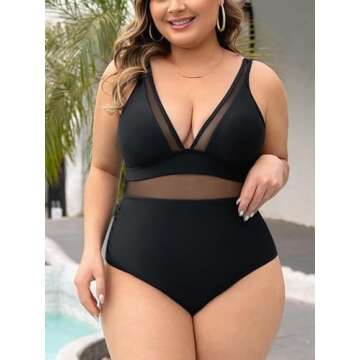 Faillet Plus Size Sexy V Neck Mesh Sheer Tummy Control Swimsuit Push Up High Waisted with Adjustable...