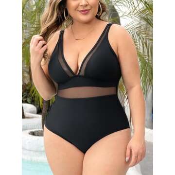Faillet Plus Size Sexy V Neck Mesh Sheer Tummy Control Swimsuit Push Up High Waisted with Adjustable Wide Straps Black