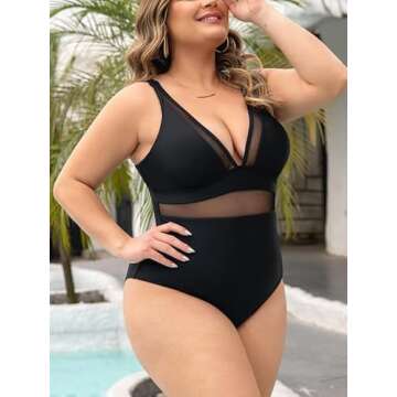 Faillet Plus Size Sexy V Neck Mesh Sheer Tummy Control Swimsuit Push Up High Waisted with Adjustable Wide Straps Black