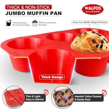 Walfos Silicone Texas Muffin Pan Set- 6 Cup Jumbo Silicone Cupcake Pan, Non-Stick Silicone, Just PoP...