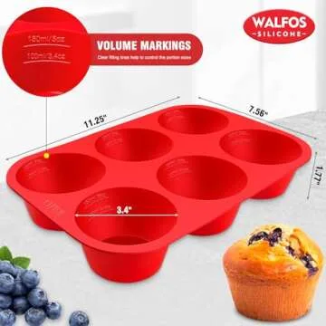 Walfos Silicone Texas Muffin Pan Set- 6 Cup Jumbo Silicone Cupcake Pan, Non-Stick Silicone, Just PoP Out! Perfect for Egg Muffin, Big Cupcake - BPA Free and Dishwasher Safe, Set of 2