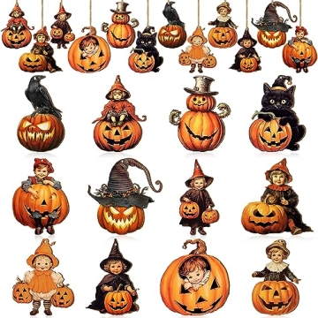 Huwena 36 Pcs Halloween Wood Ornament for Tree Vintage Halloween Ornaments Wooden Halloween Hanging ...